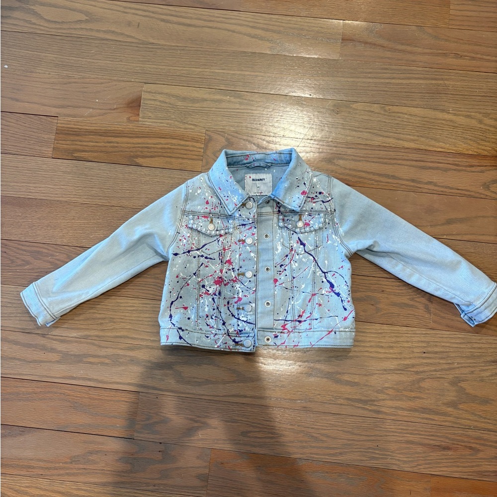 Custom Made- Light Wash Kids Denim Jacket with Colorful Paint Splatter